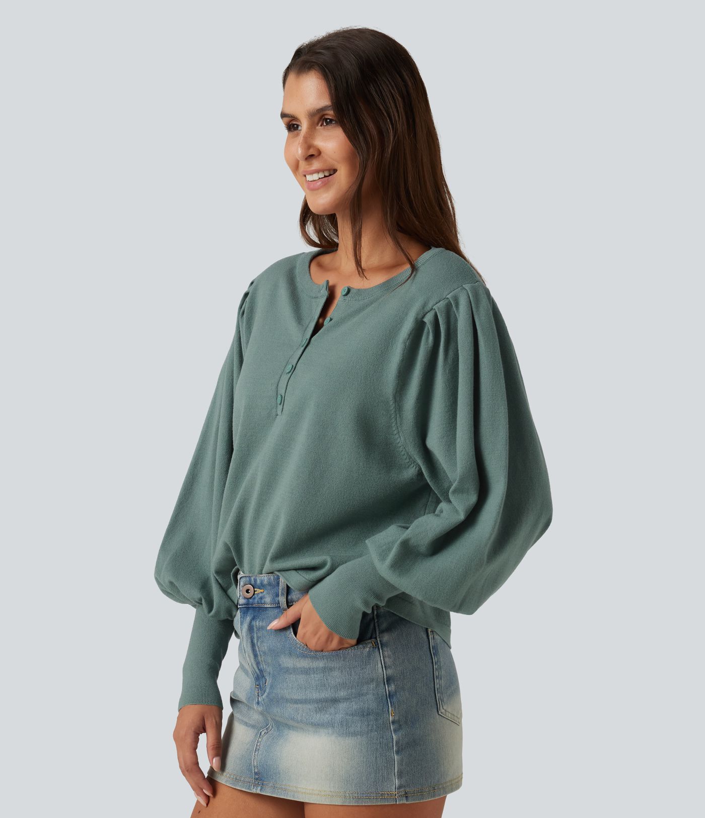 Henley Neck Puff Long Sleeve Relaxed Work Sweater