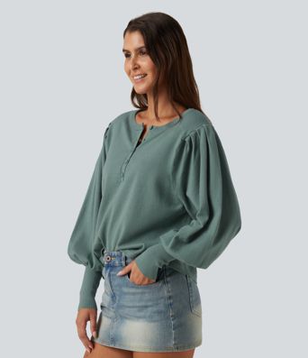 Henley Neck Puff Long Sleeve Relaxed Work Sweater
