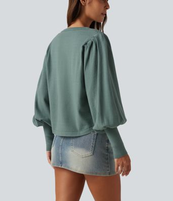 Henley Neck Puff Long Sleeve Relaxed Work Sweater