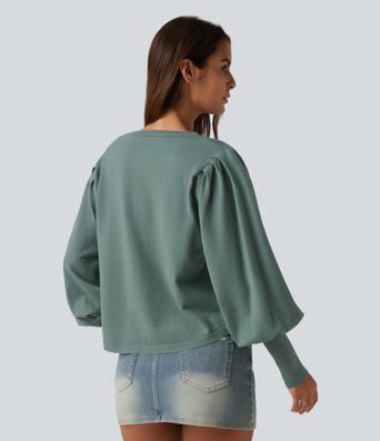 Henley Neck Puff Long Sleeve Relaxed Work Sweater
