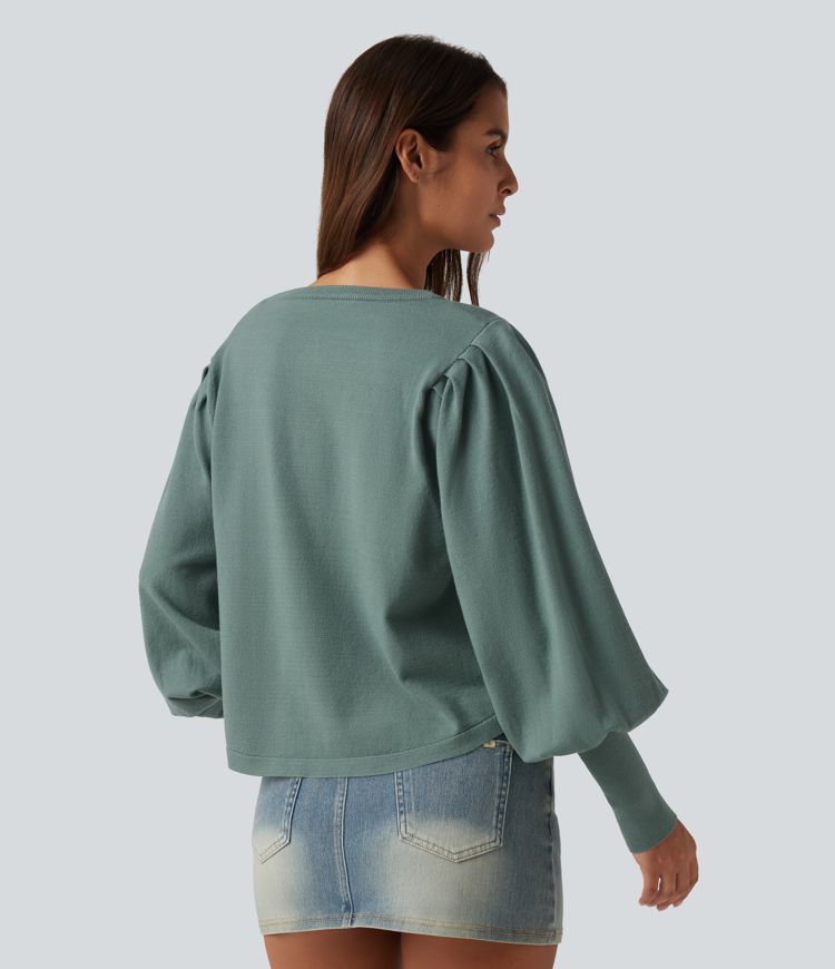 Henley Neck Puff Long Sleeve Relaxed Work Sweater