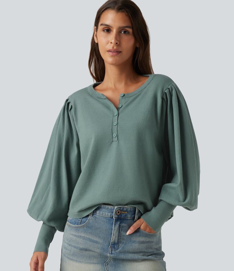 Henley Neck Puff Long Sleeve Relaxed Work Sweater