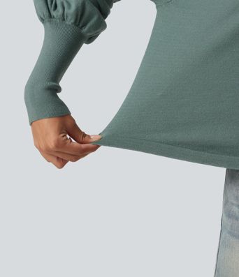 Henley Neck Puff Long Sleeve Relaxed Work Sweater