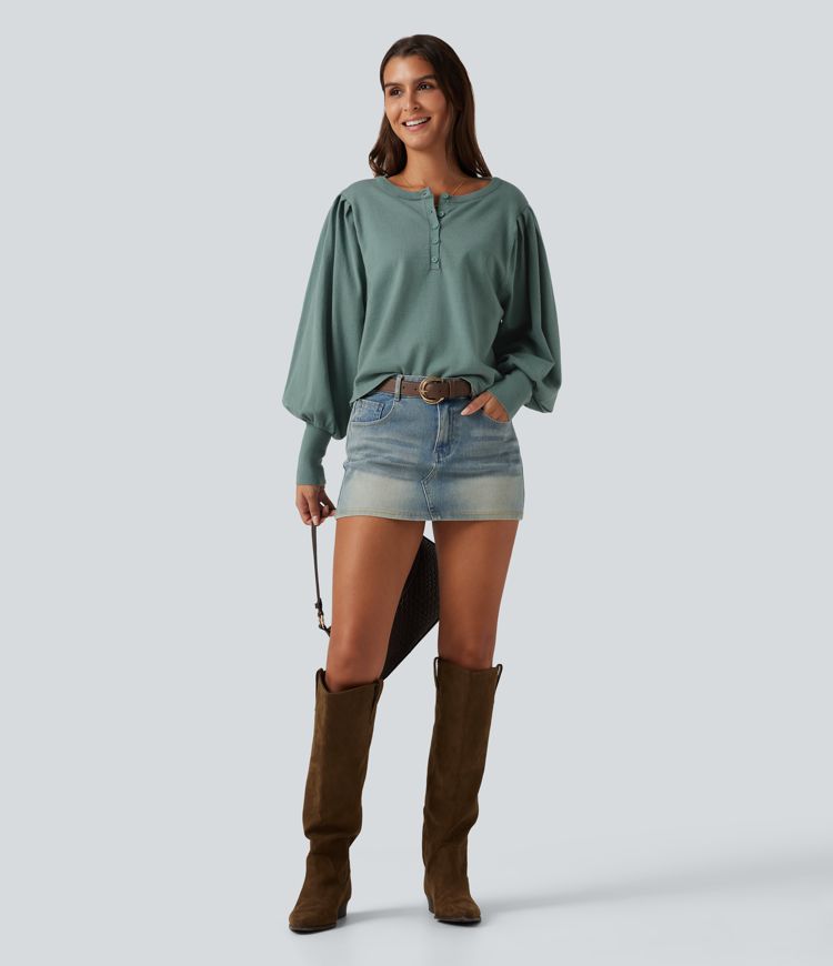 Henley Neck Puff Long Sleeve Relaxed Work Sweater