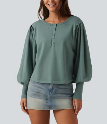 Henley Neck Puff Long Sleeve Relaxed Work Sweater