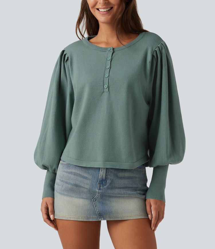 Henley Neck Puff Long Sleeve Relaxed Work Sweater