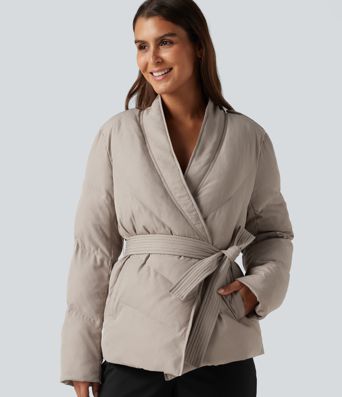 V Neck Long Sleeve Belted Casual Down Jacket with Pockets