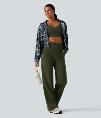 Pantalon de yoga en polaire taille haute gainant coupe droite avec poches Pantalon de yoga en polaire taille haute gainant coupe droite avec poches