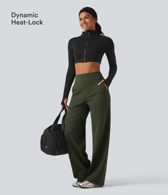 Fleece-Yoga-Hose mit hohem Bund, bauchformender Passform, geradem Bein und Taschen
