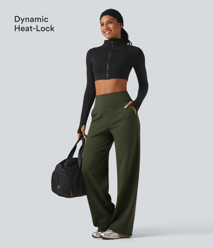 Fleece-Yoga-Hose mit hohem Bund, bauchformender Passform, geradem Bein und Taschen