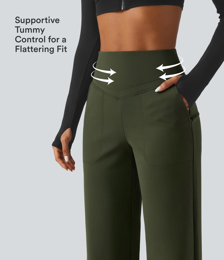 Fleece-Yoga-Hose mit hohem Bund, bauchformender Passform, geradem Bein und Taschen