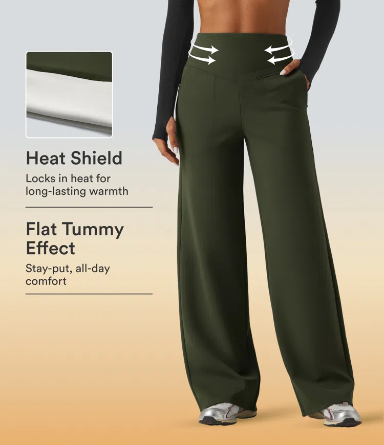 High Waisted Tummy Control Straight Leg Fleece Yoga Pants with Pockets