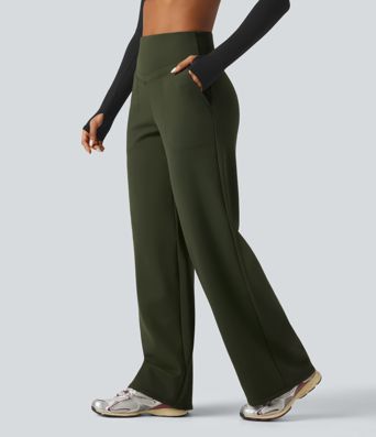 Pantalon de yoga en polaire taille haute gainant coupe droite avec poches Pantalon de yoga en polaire taille haute gainant coupe droite avec poches