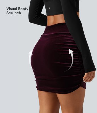 Jupe-short mini en velours taille haute gainante, moulante et froncée, coupe longue Jupe-short mini en velours taille haute gainante, moulante et froncée, coupe longue