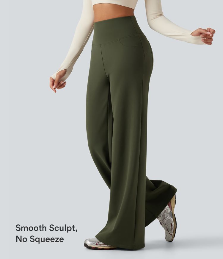 Pantalones de yoga de forro polar de tiro alto con control abdominal, pernera recta y bolsillos