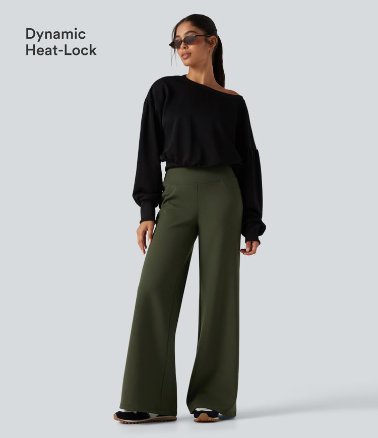 Pantalones de yoga de forro polar de tiro alto con control abdominal, pernera recta y bolsillos