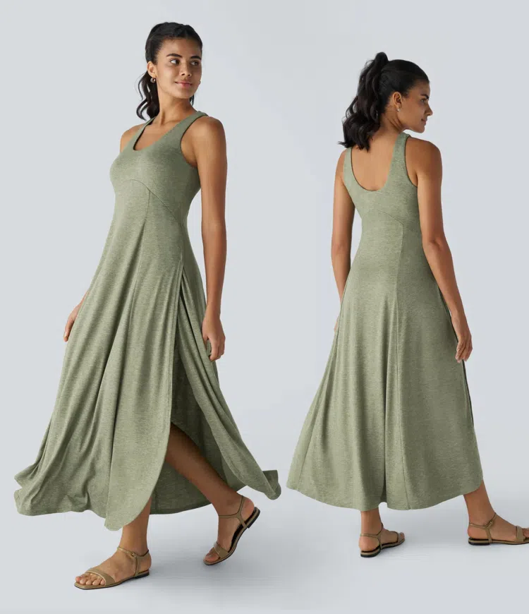 Light Green Floral Yarn Robe Casual Débardeur Longue Fluide Fendue Dos Nu à Col en U / 1