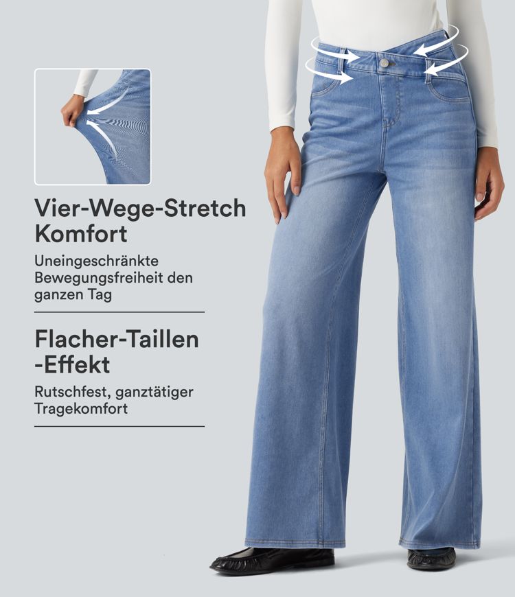 Halara Flex™ - Lässige Jeans mit hohem Crossover-Bund, Gesäßtaschen, Bauchkontrolle und weitem Bein Halara Flex™ - Lässige Jeans mit hohem Crossover-Bund, Gesäßtaschen, Bauchkontrolle und weitem Bein