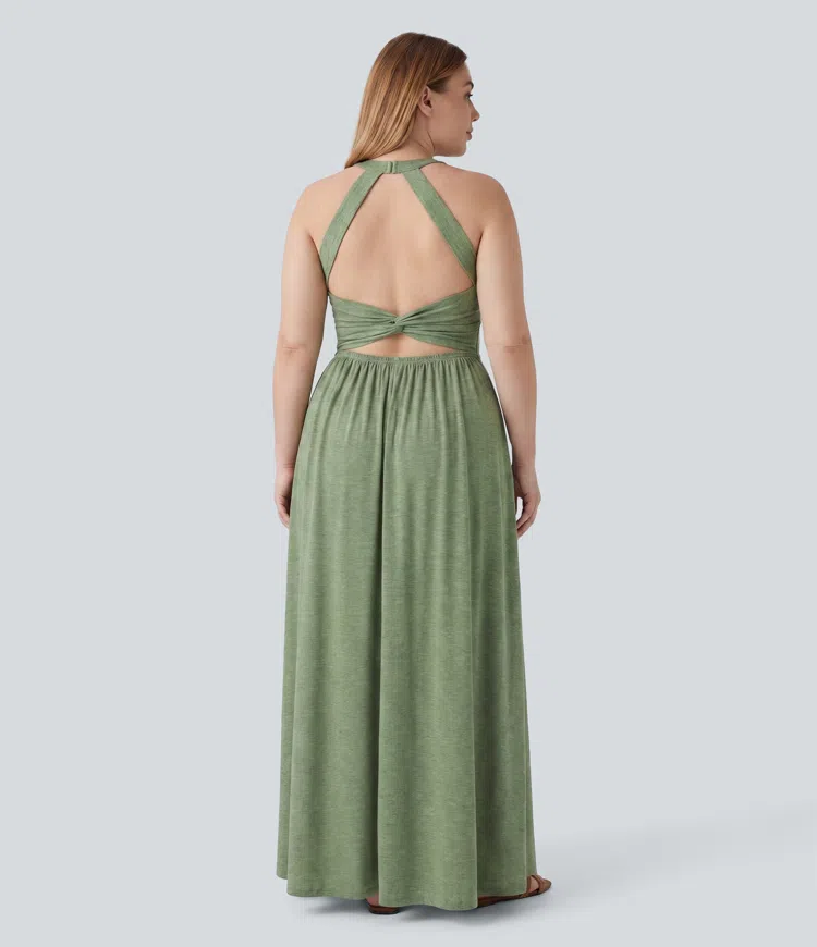 Vestido maxi fluido de resort para tallas grandes, con espalda descubierta con detalle anudado, abertura y bolsillos