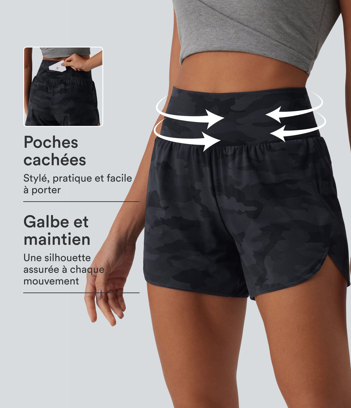 Halara UltraSculpt™ shorts de running 2 en 1 con estampado camuflaje, talle alto, control abdominal, dobladillo curvo y bolsillo Halara UltraSculpt™ shorts de running 2 en 1 con estampado camuflaje, talle alto, control abdominal, dobladillo curvo y bolsillo