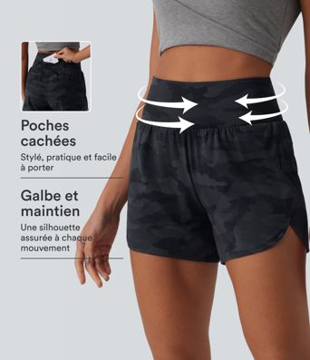 Halara UltraSculpt™ shorts de running 2 en 1 con estampado camuflaje, talle alto, control abdominal, dobladillo curvo y bolsillo Halara UltraSculpt™ shorts de running 2 en 1 con estampado camuflaje, talle alto, control abdominal, dobladillo curvo y bolsillo