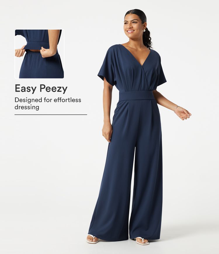V Neck Short Sleeve Ruched Wide Leg Casual Jumpsuit with Pockets -Easy Peezy Edition