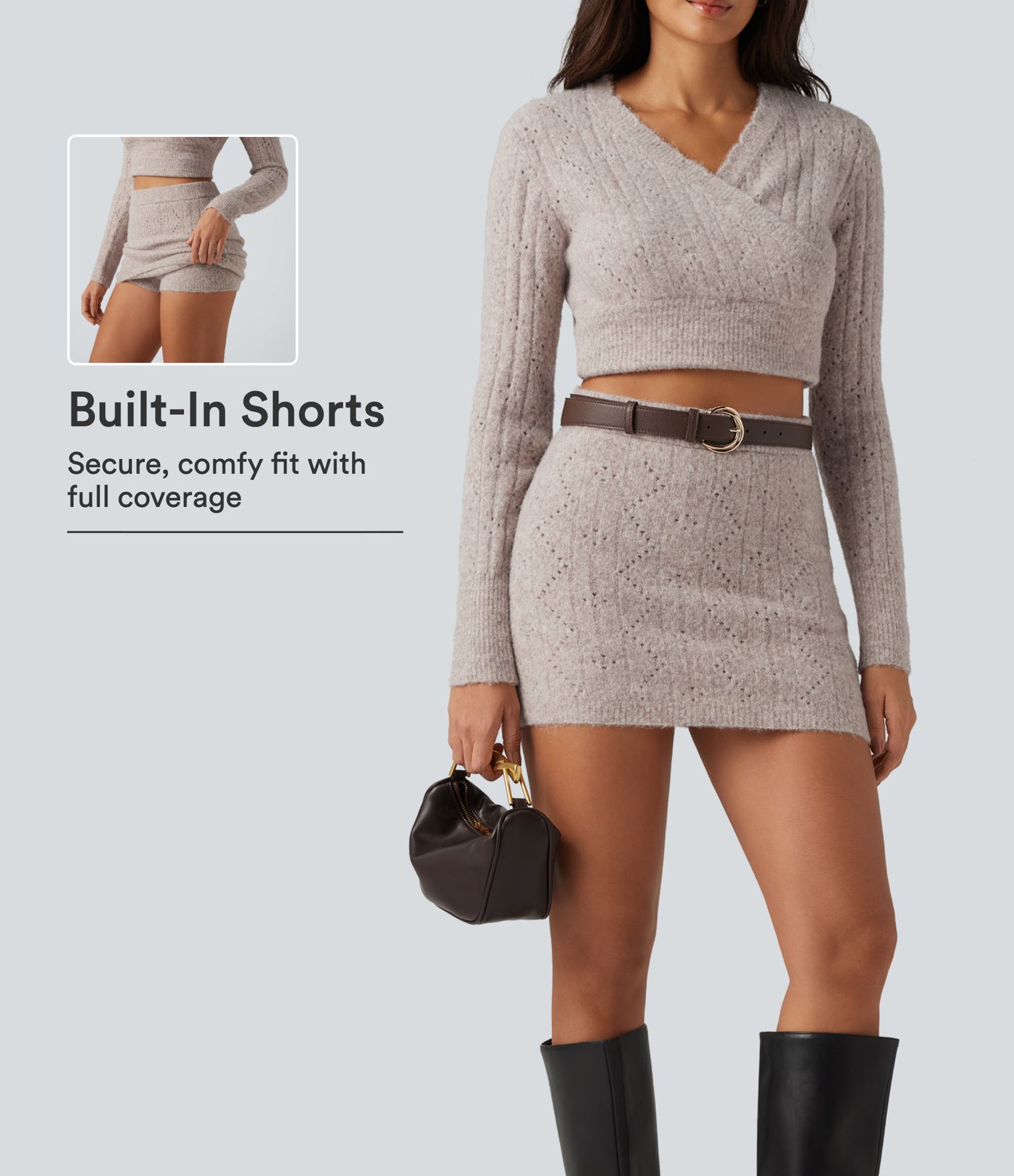 Jupe-pull courte décontractée taille haute 2-en-1 en maille ajourée Jupe-pull courte décontractée taille haute 2-en-1 en maille ajourée