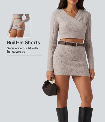 Jupe-pull courte décontractée taille haute 2-en-1 en maille ajourée Jupe-pull courte décontractée taille haute 2-en-1 en maille ajourée