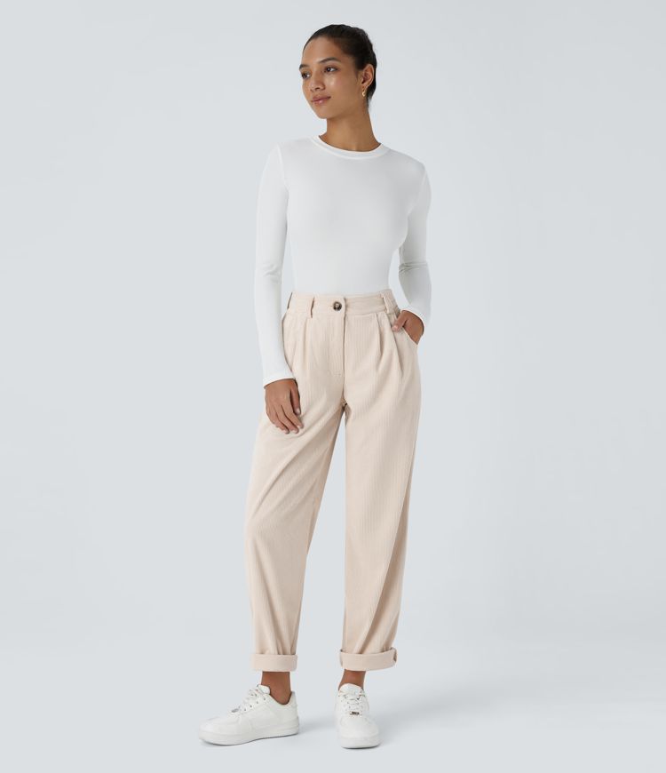 Mid Rise Zipper Pocket Corduroy Casual Pants