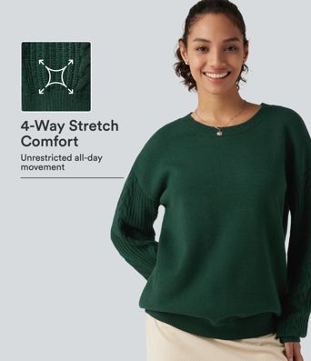 Round Neck Long Sleeve Relaxed Work Sweater Round Neck Long Sleeve Relaxed Work Sweater