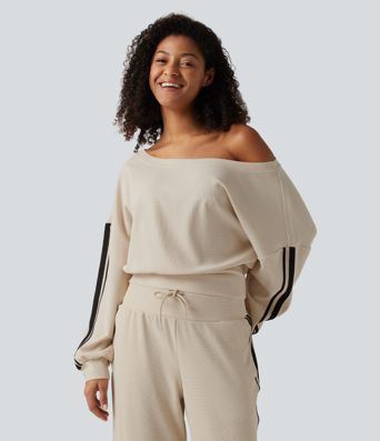 Boat Neck Long Sleeve Side Stripe Waffle Casual Top
