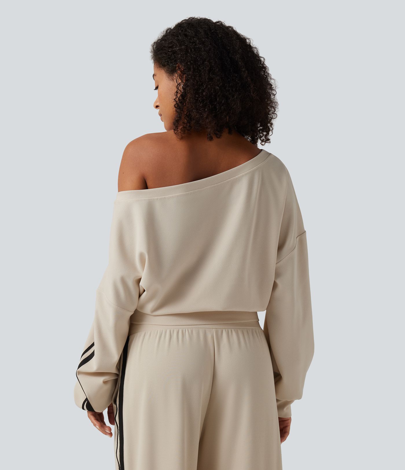Boat Neck Long Sleeve Side Stripe Waffle Casual Top