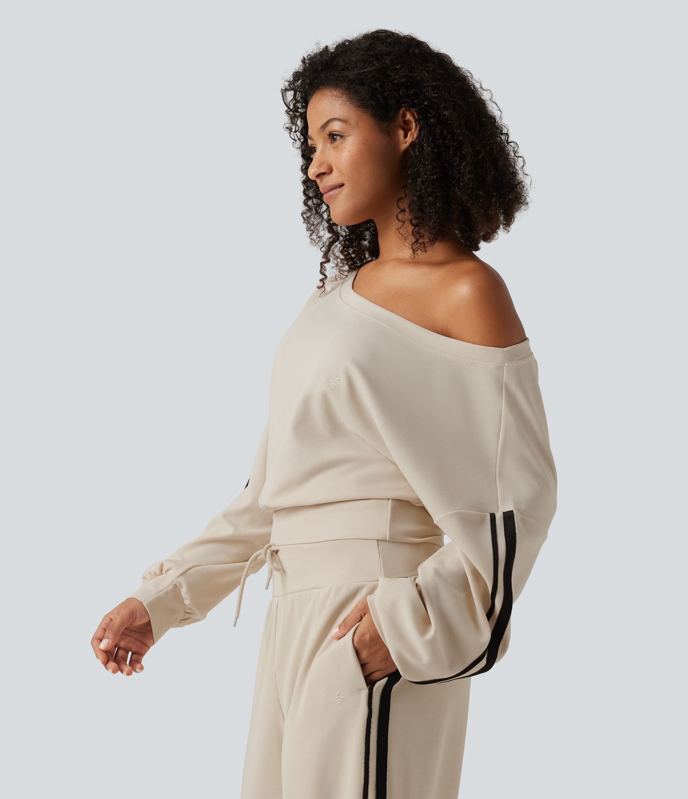 Boat Neck Long Sleeve Side Stripe Waffle Casual Top