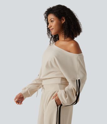 Boat Neck Long Sleeve Side Stripe Waffle Casual Top
