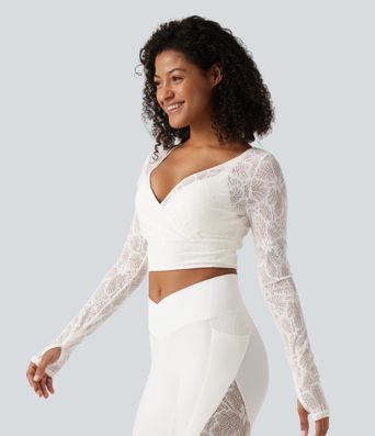 Softlyzero™ Deep V Neck Long Sleeve Contrast Lace Yoga Sports Top