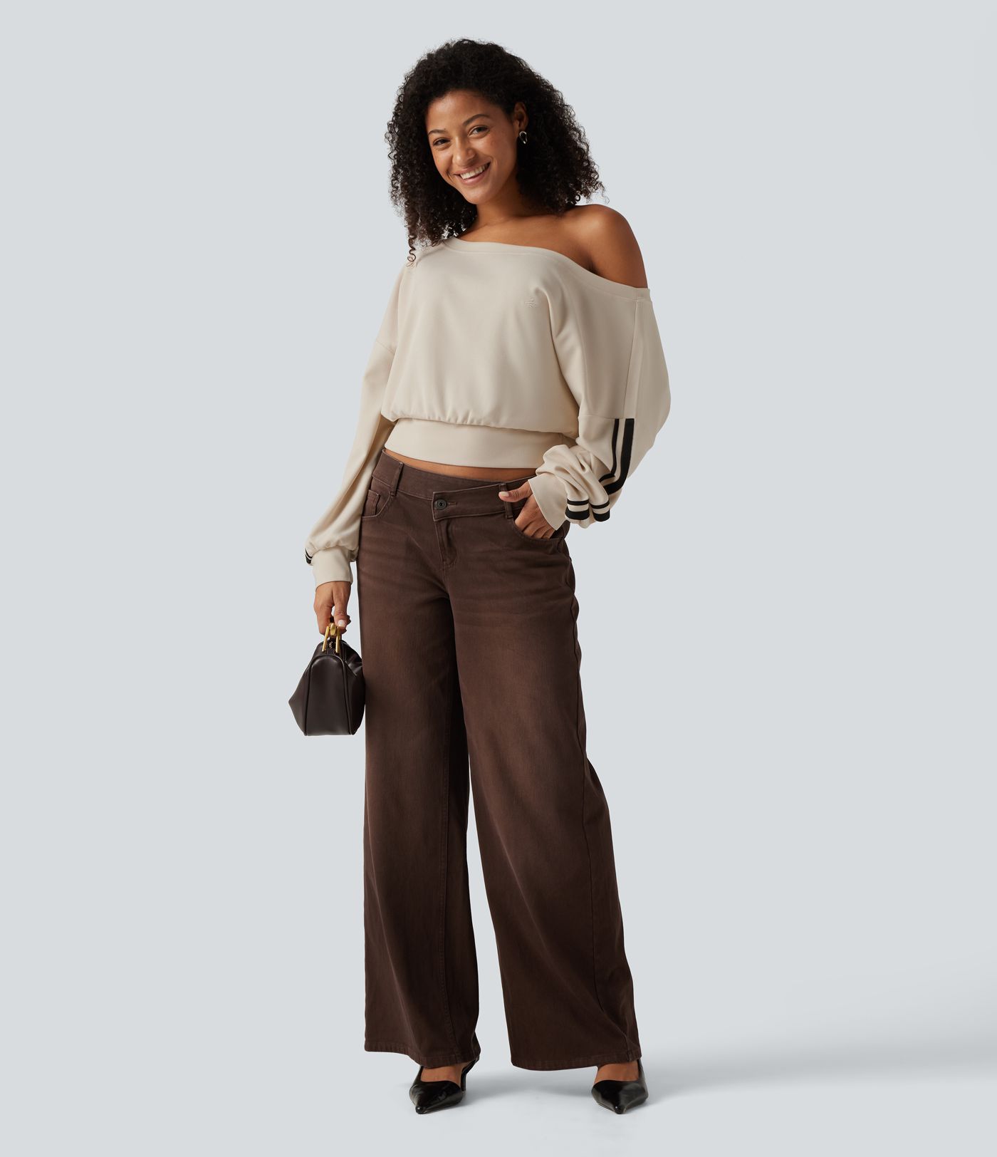 Boat Neck Long Sleeve Side Stripe Waffle Casual Top