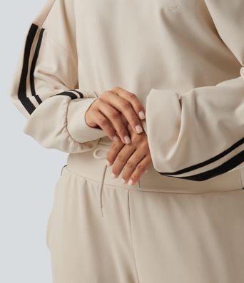 Boat Neck Long Sleeve Side Stripe Waffle Casual Top