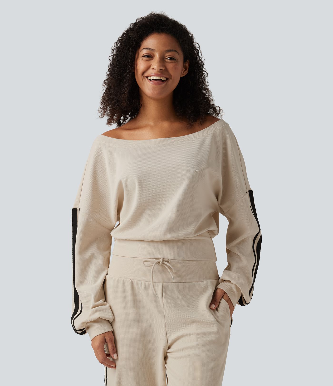 Boat Neck Long Sleeve Side Stripe Waffle Casual Top