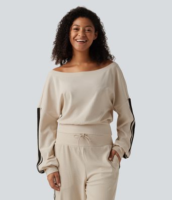Boat Neck Long Sleeve Side Stripe Waffle Casual Top