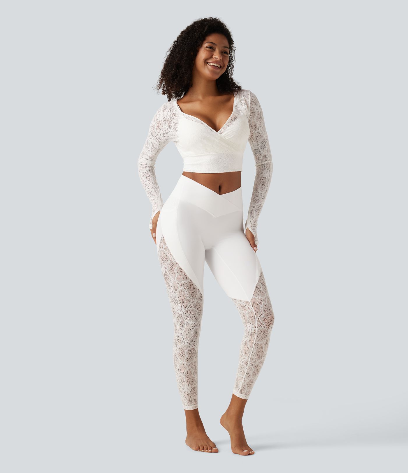 Softlyzero™ Deep V Neck Long Sleeve Contrast Lace Yoga Sports Top