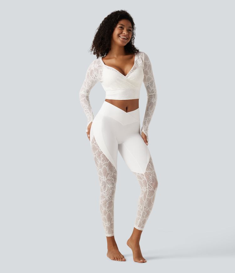 Softlyzero™ Deep V Neck Long Sleeve Contrast Lace Yoga Sports Top