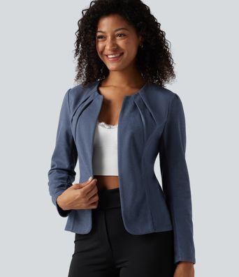 Blazer mit Rundhalsausschnitt und Haken- und Ösenverschluss für die Arbeit Blazer mit Rundhalsausschnitt und Haken- und Ösenverschluss für die Arbeit