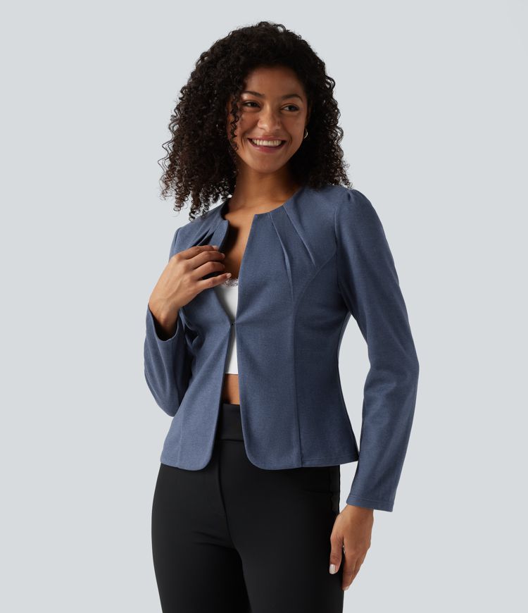 Blazer mit Rundhalsausschnitt und Haken- und Ösenverschluss für die Arbeit Blazer mit Rundhalsausschnitt und Haken- und Ösenverschluss für die Arbeit