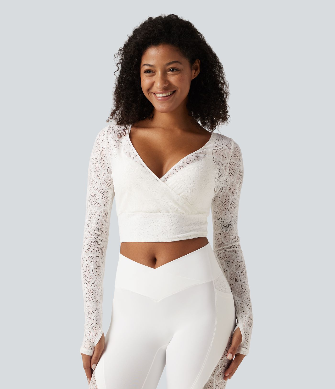 Softlyzero™ Deep V Neck Long Sleeve Contrast Lace Yoga Sports Top