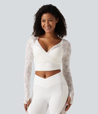 Softlyzero™ Deep V Neck Long Sleeve Contrast Lace Yoga Sports Top
