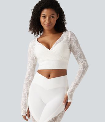 Softlyzero™ Deep V Neck Long Sleeve Contrast Lace Yoga Sports Top