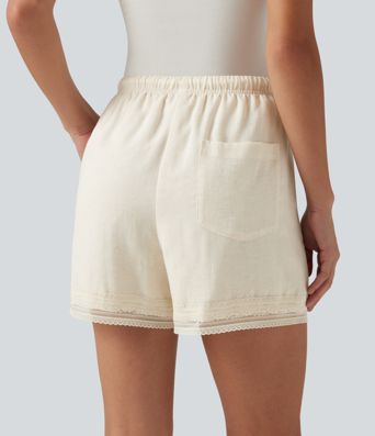 Mid Rise Drawstring 2-in-1 Wide Leg Contrast Lace Casual Shorts 4" with Pockets