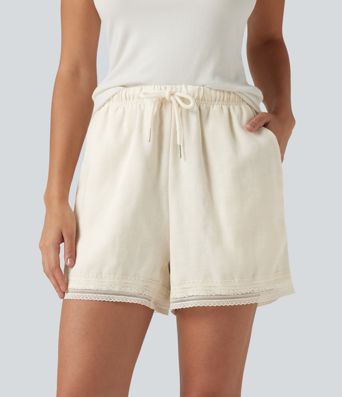 Mid Rise Drawstring 2-in-1 Wide Leg Contrast Lace Casual Shorts 4" with Pockets