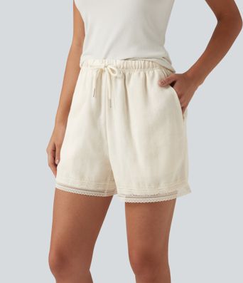 Mid Rise Drawstring 2-in-1 Wide Leg Contrast Lace Casual Shorts 4" with Pockets