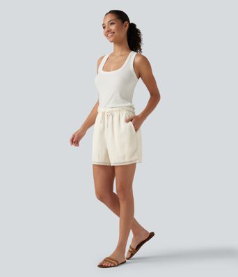 Mid Rise Drawstring 2-in-1 Wide Leg Contrast Lace Casual Shorts 4" with Pockets